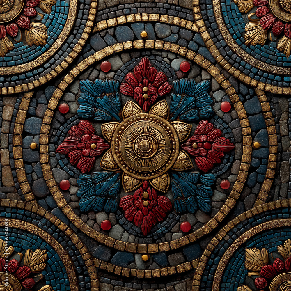 Obraz premium Byzantine mosaic patterns in rich jewel tones of ruby, sapphire, and gold, ancient luxury recreated generative ai