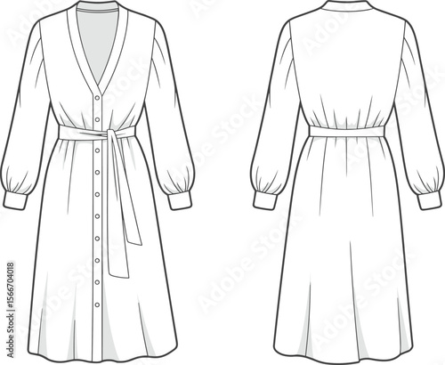 Women's belted button-down midi dress with long sleeves – front and back fashion flats for digital fashion design, technical sketching, and sewing pattern drafting.