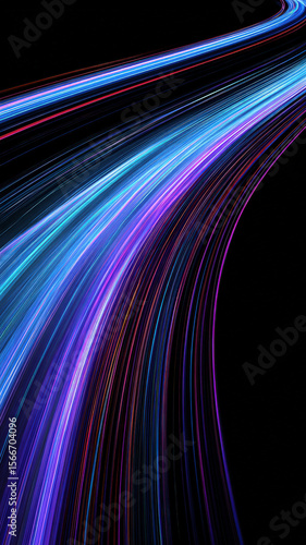 Dynamic light trails create swift, curved lines of vibrant blue and purple against dark background