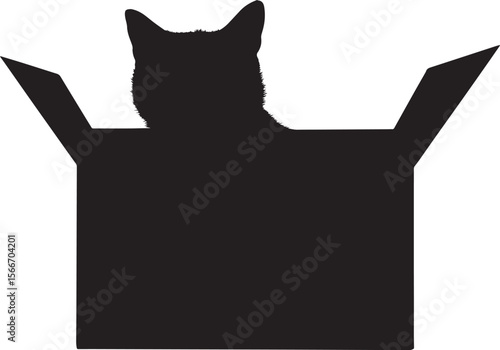 Cat Hiding in a Box Silhouette A cat crouched inside a box with ears visible. full length silhouette black vector illustration