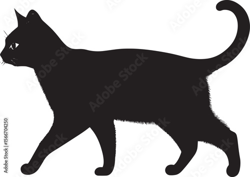Cat with Tail Up Silhouette A friendly cat moving gracefully, its tail curved upwards in a playful manner, full-length silhouette in black vector art.