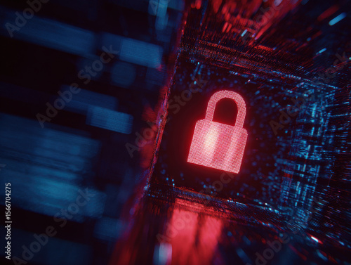 Glowing red padlock symbol in digital matrix, representing cybersecurity and data protection