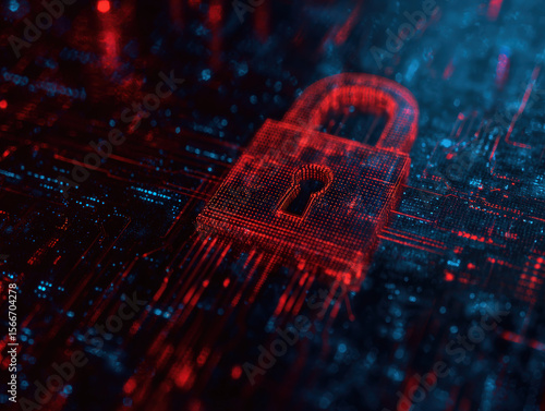 Glowing red digital padlock symbolizes cybersecurity on dark, futuristic background