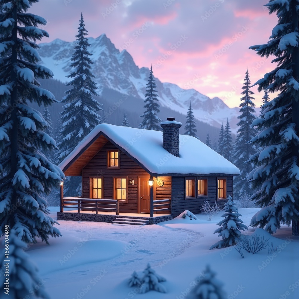 Naklejka premium cozy cabin nestled snowy mountainside winter landscape warmth serenity nature retreat, cottage, trees, wood, fireplace, snowflakes, ice, clouds, scenery, pine