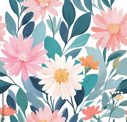 Watercolor Pink and Blue Seamless Floral Pattern Design,Generative ai
