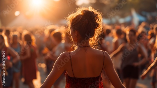 Femme de dos dansant en plein air lors d’un festival estival sous le soleil d'été