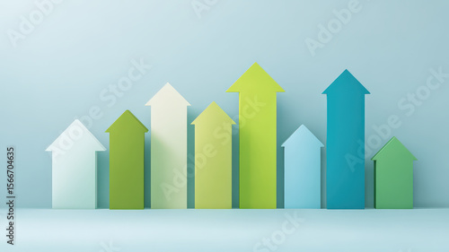 Colorful arrows of varying heights point upward against light blue background, symbolizing growth and progress