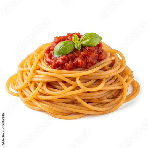 spaghetti with tomato sauce on white background 