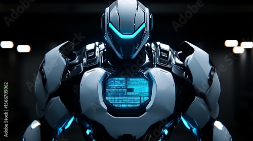 futuristic robo warrior with illuminated armor and data display in dark background