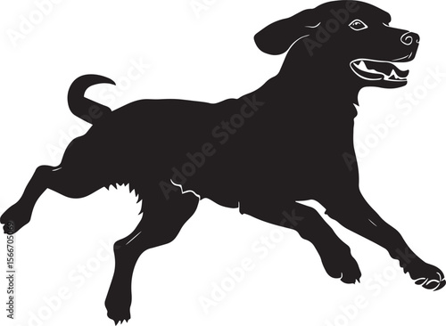 Sprinting Dog Silhouette A dog in full motion, captured mid-run with legs extended, full-length black silhouette vector illustration.