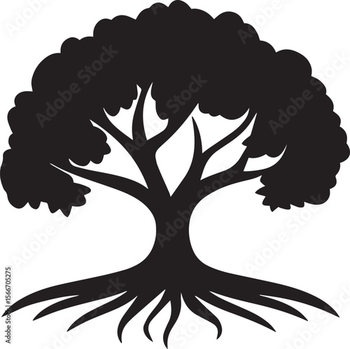 Grounded Tree Logo Design A creative black vector illustration of a tree with prominent roots, symbolizing deep foundations and growth.
