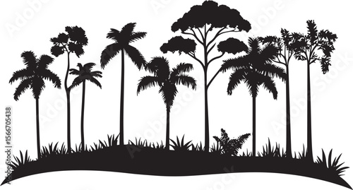 Rainforest Foliage Silhouette A straightforward black vector illustration of a row of trees typical of a rainforest, conveying a sense of lush greenery.