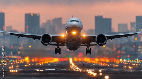 Airplane Taking Off at Sunset with City Skyline in Background