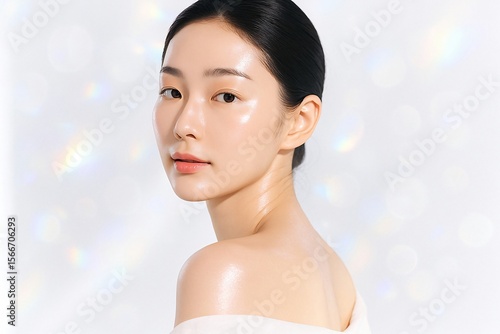 Radiant asian woman with dewy skin and subtle rainbow light effects