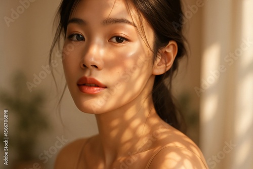 Young asian woman with natural makeup and sunlit skin in soft light
