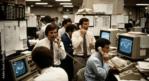 1980s Stock Exchange Trading Floor: Busy Brokers on Phones, Vintage Technology and Market Data