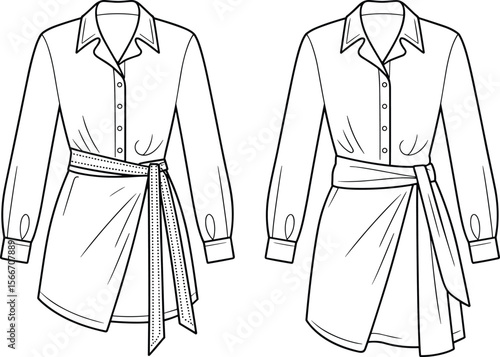 Women’s shirt dress design, belted wrap tunic top, long sleeve fashion sketch, collared button-down dress, vector flat template, elegant clothing illustration