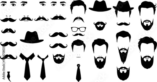 Men face parts. Eyes, noses, mustaches, glasses, hats, lips, hairstyle, ties and beards. Vector set
