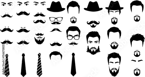 Men face parts. Eyes, noses, mustaches, glasses, hats, lips, hairstyle, ties and beards. Vector set
