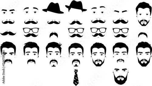 Men face parts. Eyes, noses, mustaches, glasses, hats, lips, hairstyle, ties and beards. Vector set
