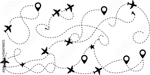 round trip travel concept. plane travelling from start point to end point with dotted line tracing. trip planning vector symbol on transparent background.