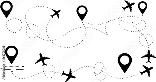 round trip travel concept. plane travelling from start point to end point with dotted line tracing. trip planning vector symbol on transparent background.