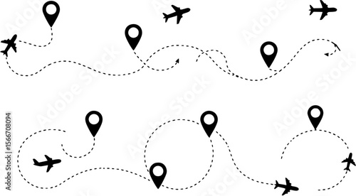 round trip travel concept. plane travelling from start point to end point with dotted line tracing. trip planning vector symbol on transparent background.