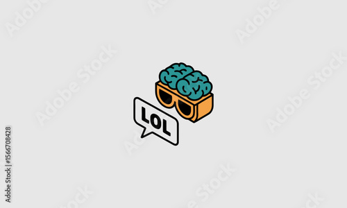 Brain Cartoon with Glasses and LOL Speech Bubble Illustrates Humor in a Minimalist Style, with isometric projection and copy space