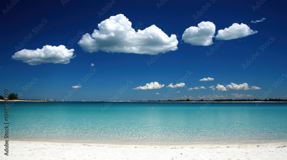 Fototapeta premium Tranquil Beach Scene: Azure Waters, Fluffy Clouds, and White Sand.