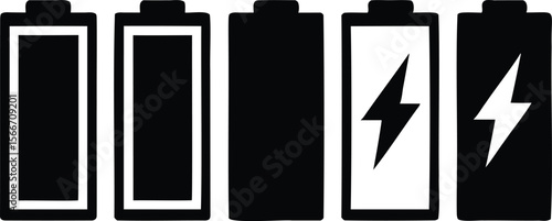 Set of battery icons in different charge levels, including power and lightning