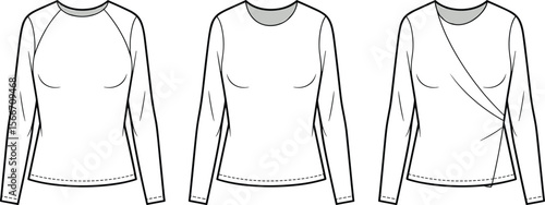 Women's long sleeve top vector, ladies t-shirt template, flat sketch fashion, scoop neck knitwear, technical drawing, front view, design variations, editable