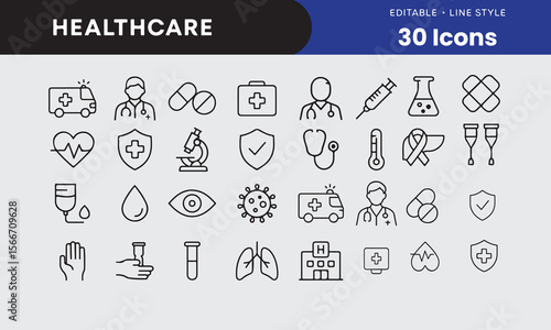 Medical Line Icon Set contains Stethoscope, Ambulance, Nurse, Doctor, Syringe, Serum, First Aid Kit and so on icons.