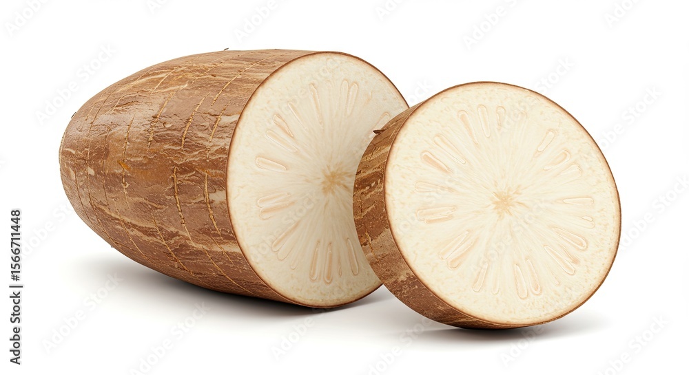 Sliced cassava root exposes its starchy flesh and textured brown skin detail Sliced cassava root exposes its starchy flesh and textured brown skin detail