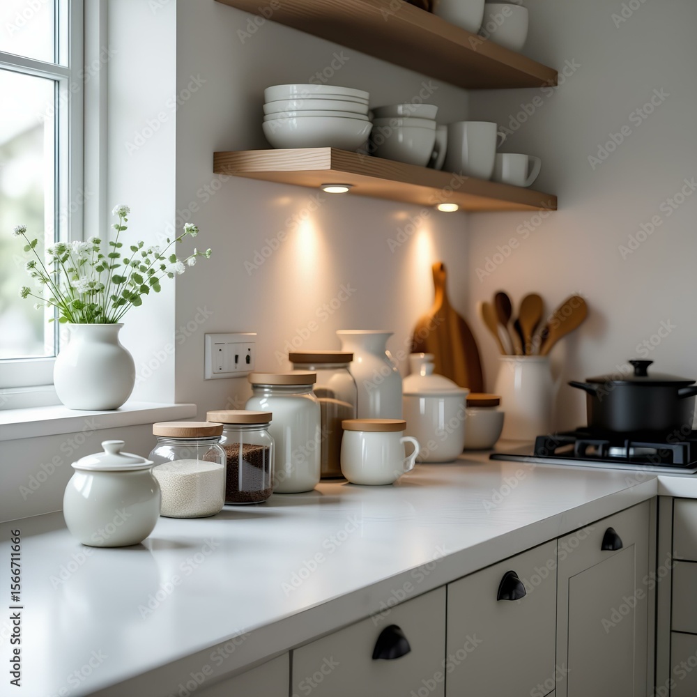 Modern kitchen countertop displays various ceramic containers, wooden utensils, and plants, showcasing a minimalist aesthetic. Modern kitchen countertop displays various ceramic containers, wooden utensils, and plants, showcasing a minimalist aesthetic.