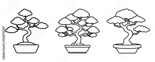 Simple Line Art Bonsai Tree Illustrations: Minimalist, Zen, and Peaceful Design Elements.
