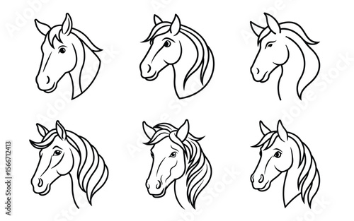 Elegant Line Art Horse Head Portraits: Versatile Vector Illustrations for Branding, Design, and Print.