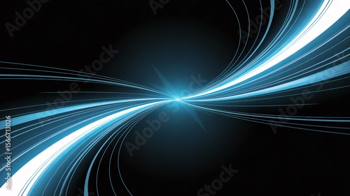 Abstract glowing blue light streaks converging on a central point against a black background