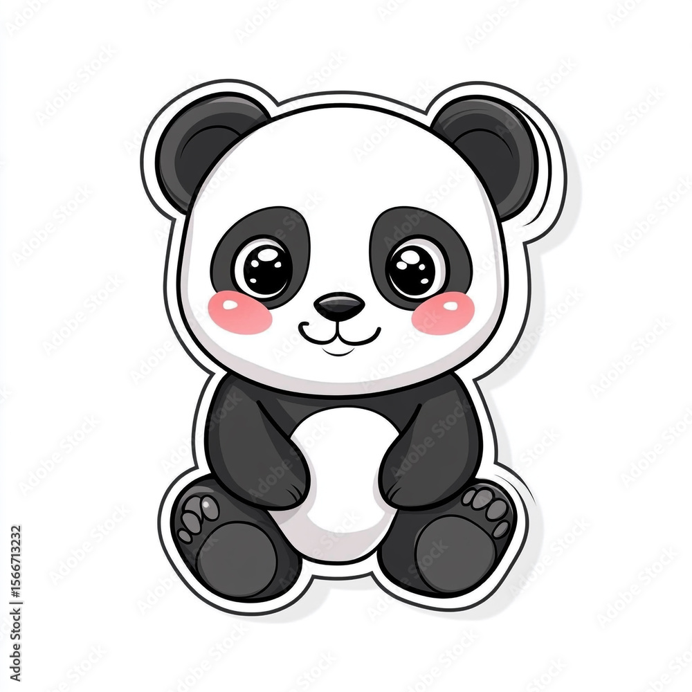 Fototapeta premium A very cute, smiling cartoon panda with big blue eyes and rosy cheeks, looking directly at the viewer.