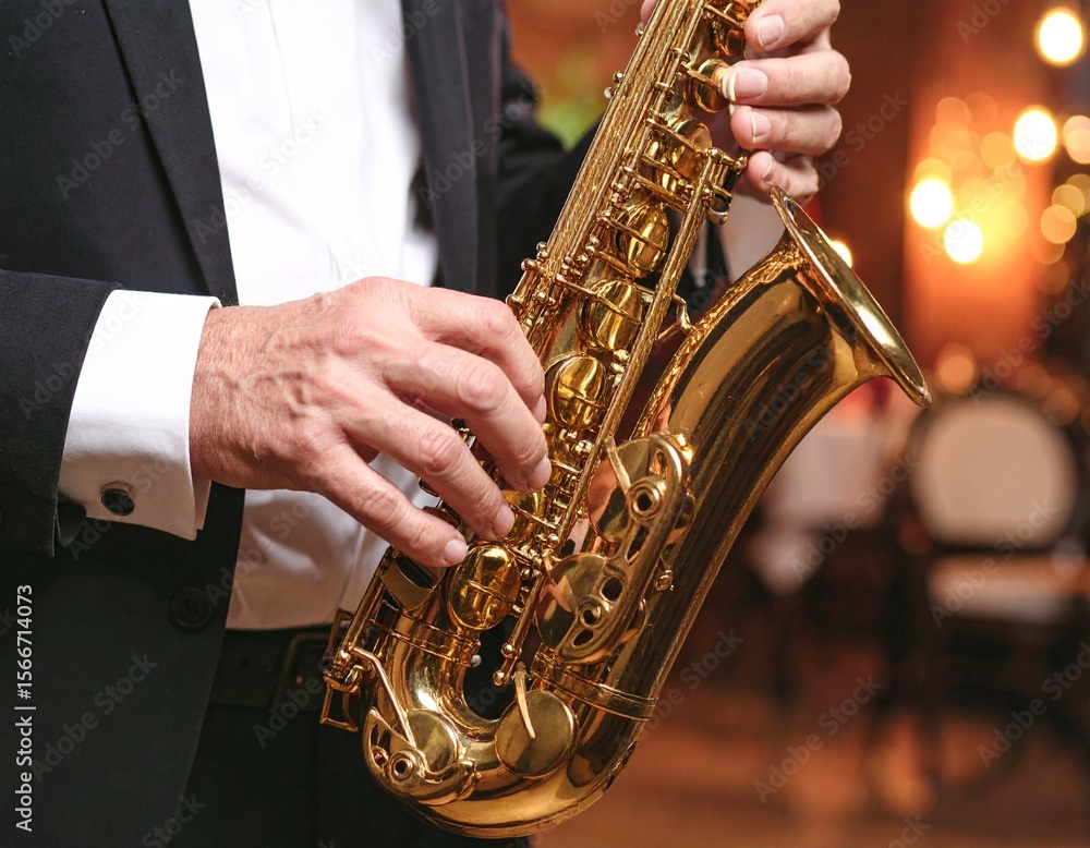 Obraz premium Close up photo of a saxophonist’s hand holding and playing a golden alto saxophone, suggesting a live jazz performance inside a cafe venue