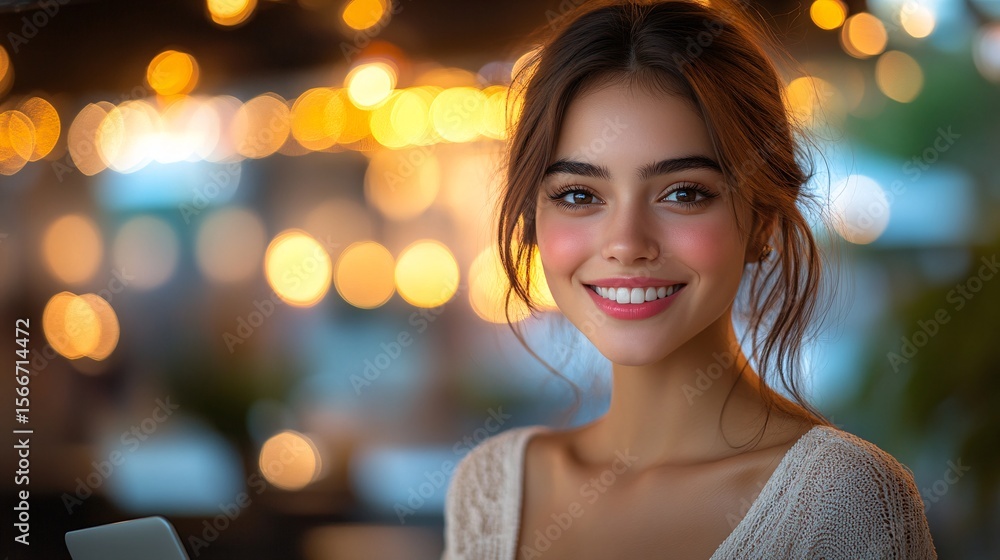 Obraz premium beautiful young woman smiling at sunset with bokeh lights in the background