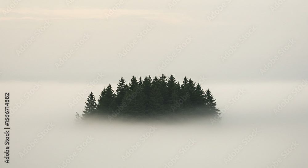 Fototapeta premium Enigmatic Evergreen Island Shrouded in Morning Mist