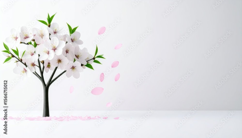 Blooming Cherry Blossom Branch with Falling Pink Petals on White Background Blooming Cherry Blossom Branch with Falling Pink Petals on White Background