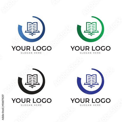 Logo Variations: Four unique logo iterations for educational institutions or businesses. Each logo features an open book within a partial circle, symbolizing knowledge, progress, and unity.