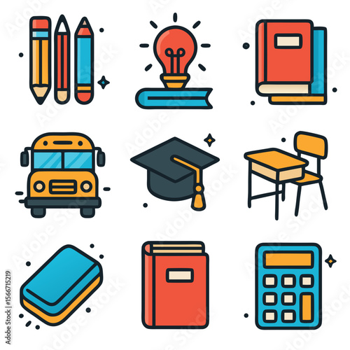 School supplies brighten classrooms with nine colorful objects, creating a vibrant scene suitable for educational and backtoschool designs.