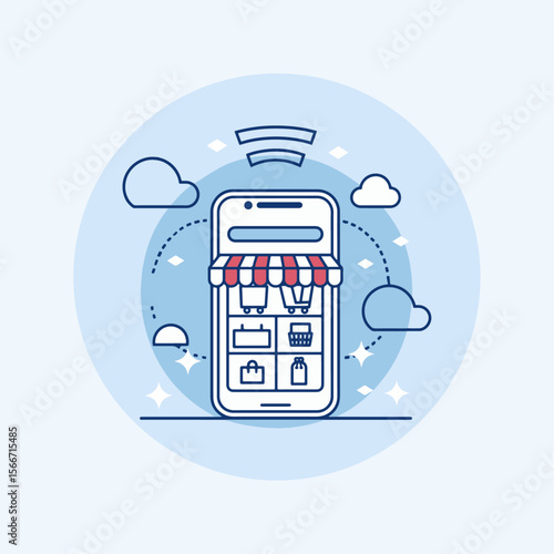 Minimal Outline Icon of Mobile Phone with Online Store Interface – Vector Symbol for E-Commerce, Mobile Shopping, Retail App, and Digital Marketplace
