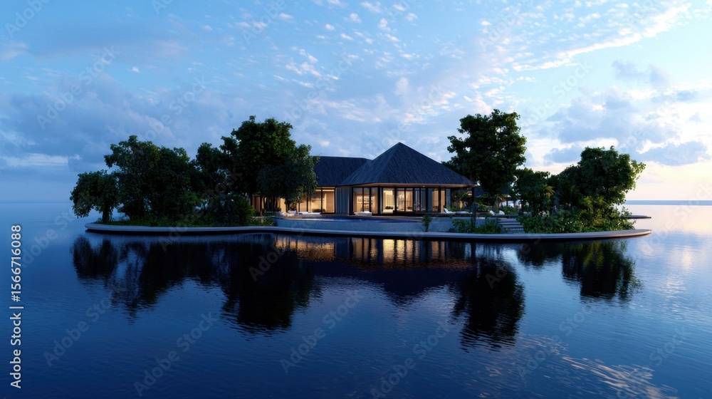 Obraz premium A house is on a small island in the middle of a lake