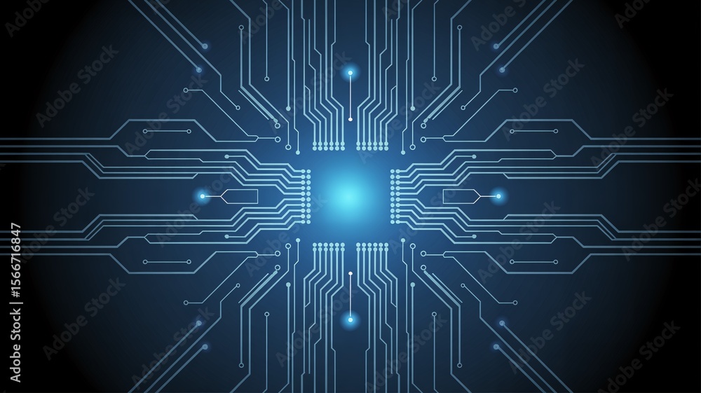 Obraz premium Abstract blue circuit board design with a glowing center and connecting lines radiating outwards
