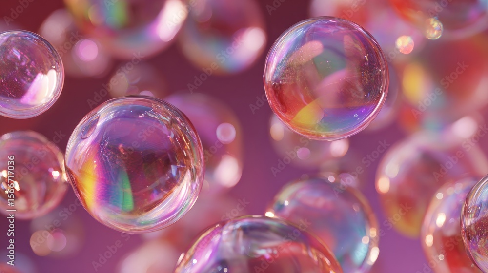 Iridescent bubbles floating in pink and purple space Iridescent bubbles floating in pink and purple space