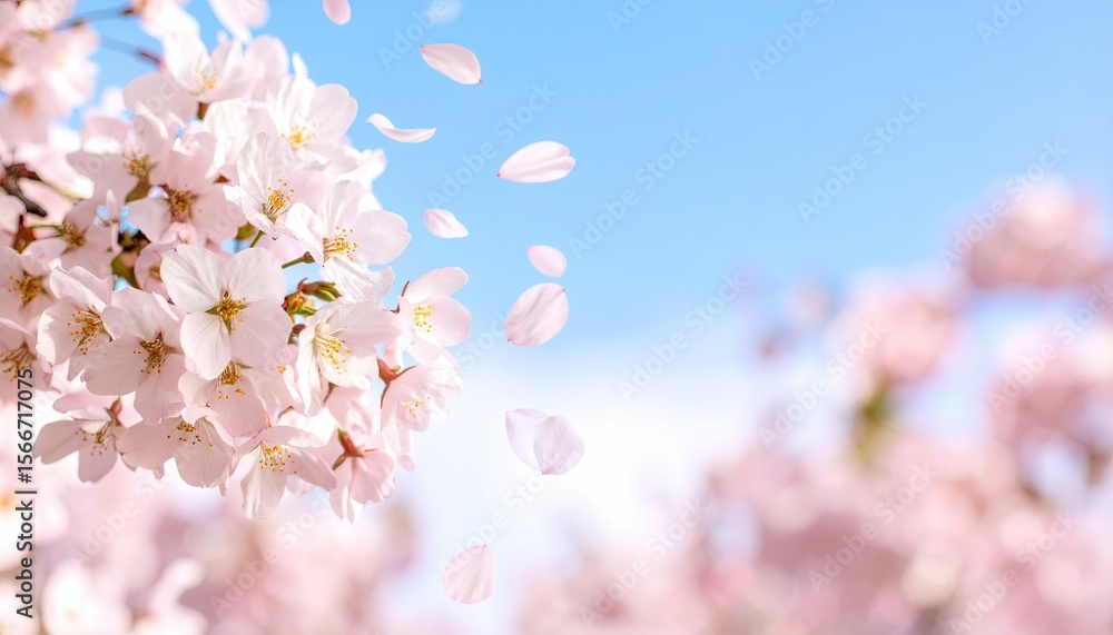Close Up View Of Pink Cherry Blossom Petals Falling Against A Bright Blue Sky Background Close Up View Of Pink Cherry Blossom Petals Falling Against A Bright Blue Sky Background