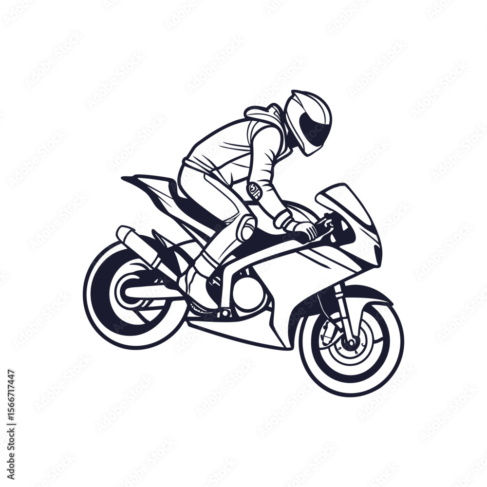 Obraz premium Motorcycle racer on a sportbike vector illustration. Biker in full gear riding a superbike at speed. Monochrome silhouette for motorsport and racing concepts